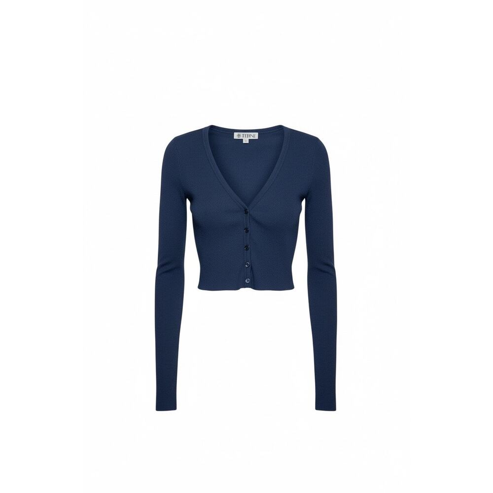Eterne Navy Blue Cropped Ribbed V-Neck Button Cardigan